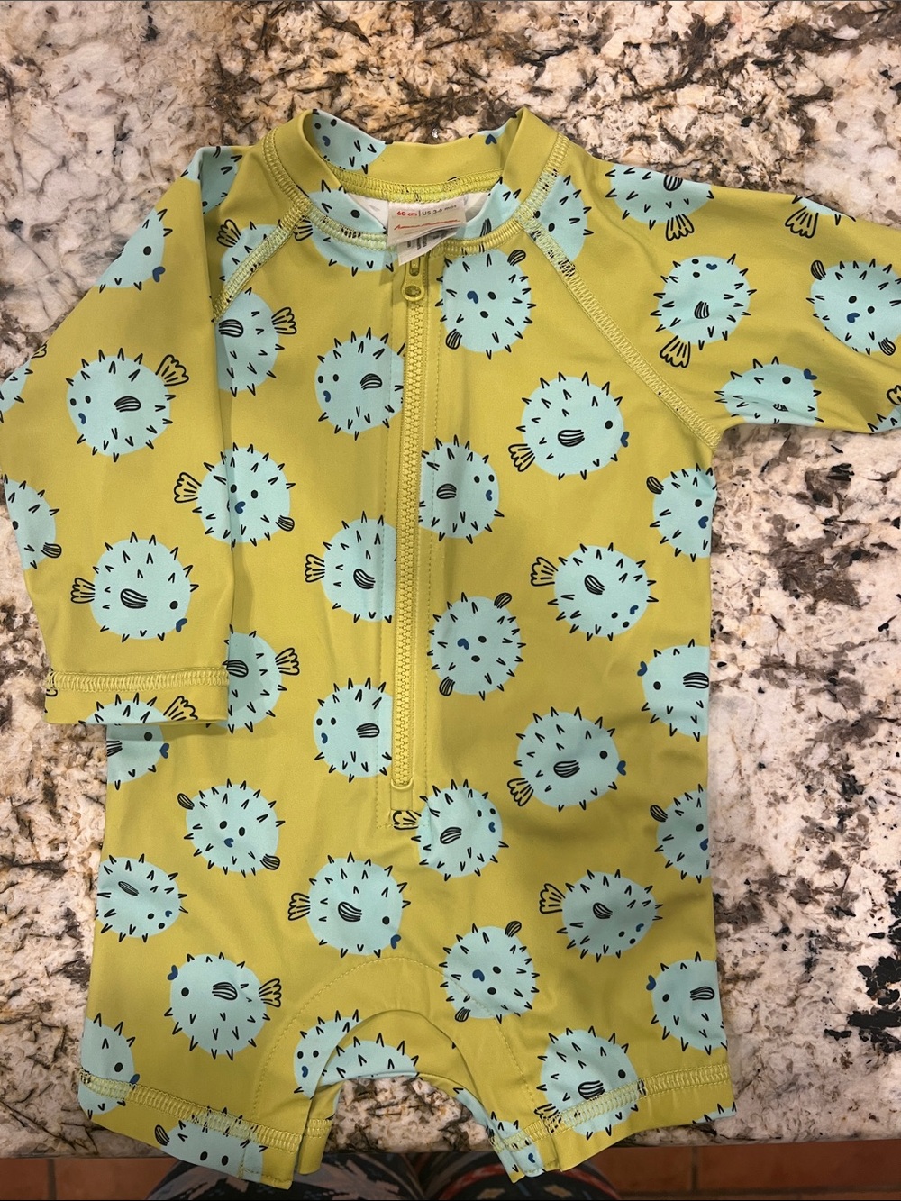 Hanna Andersson Yellow One-Piece Rashguard with Mint Puffer Fish